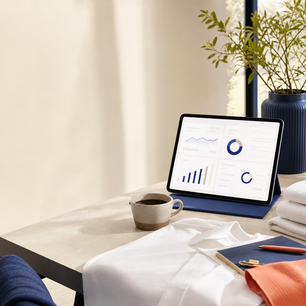 A tablet and everyday business tools arranged on a warm workspace desk